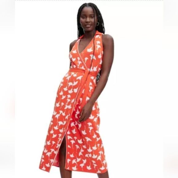 🆕Collared Sleeveless Ginkgo Sweaterknit Midi Wrap Dress - Picture 1 of 6